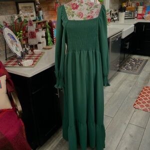 SHEIN Womens 4XL Puff Long Sleeve Square Neck Smocked Maxi Dress Green Milkmaid